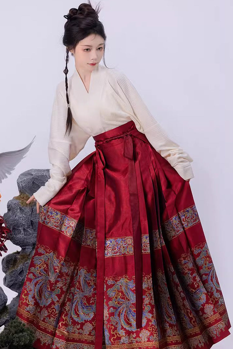 Red Chinese Style Print High Waisted Womens Hanfu Skirt - Product - 2