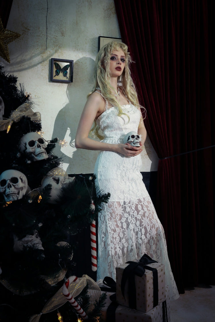 White Sleeveless Pleated Lace Women's Gothic Slip Dress Wedding Dress - Product - 12
