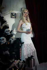 White Sleeveless Pleated Lace Women's Gothic Slip Dress Wedding Dress - Product - 12