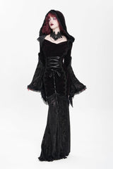 Black/Red Long Trumpet Sleeves Embroidery Stitching Lace Hooded Mesh Women's Gothic Dress - Product - 5