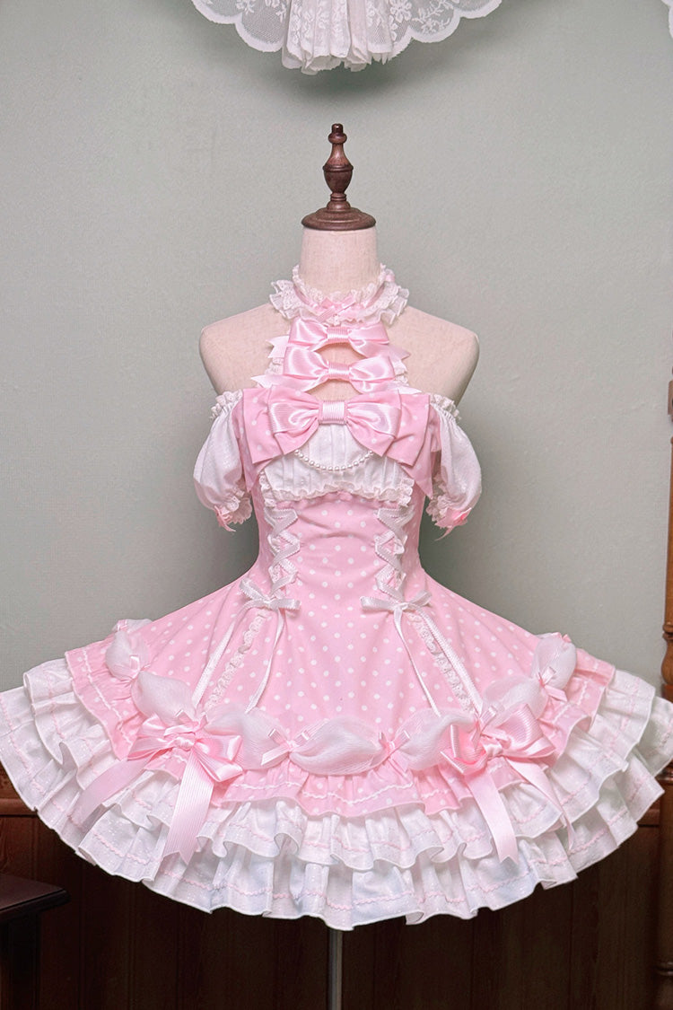 Pink Halterneck Short Sleeves Triple-Layered Polka Dot Printed Bow Lace-Up Sweet Lolita Dress - Product - 3