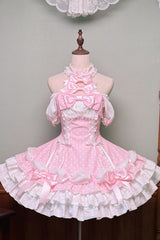 Pink Halterneck Short Sleeves Triple-Layered Polka Dot Printed Bow Lace-Up Sweet Lolita Dress - Product - 3