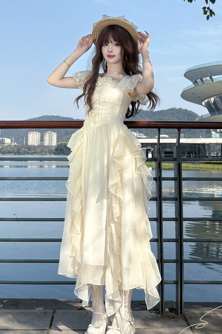 Apricot [Moonlight Beach] Square Collar Short Sleeves Ruffle Sweet Lolita Dress - Product - 3