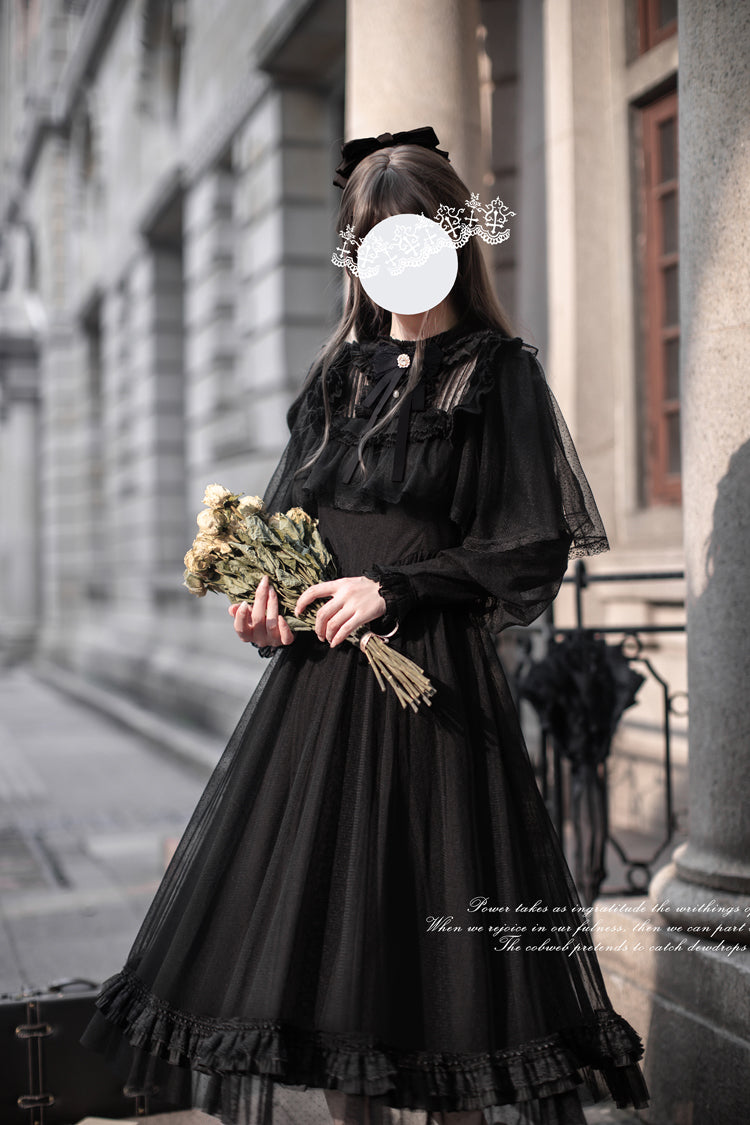 Black [Enchanted Nightdream] Long Sleeves Bowknot Lace Gothic Elegant Lolita Dress - Product - 5