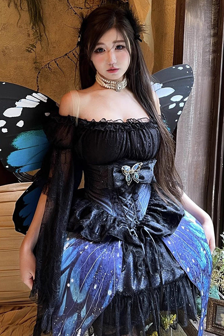 Black [Sparkling Butterfly] Print Bowknot Sweet Lolita Skirt - Product - 10