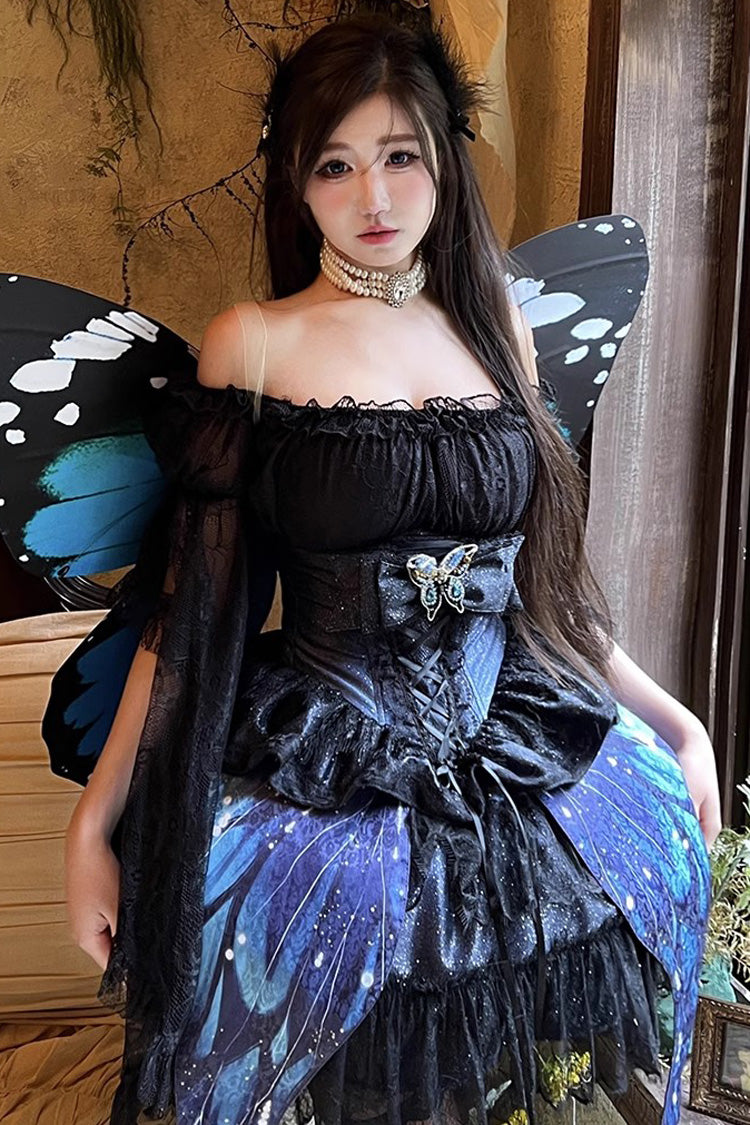 Black [Sparkling Butterfly] Print Bowknot Sweet Lolita Skirt - Product - 10