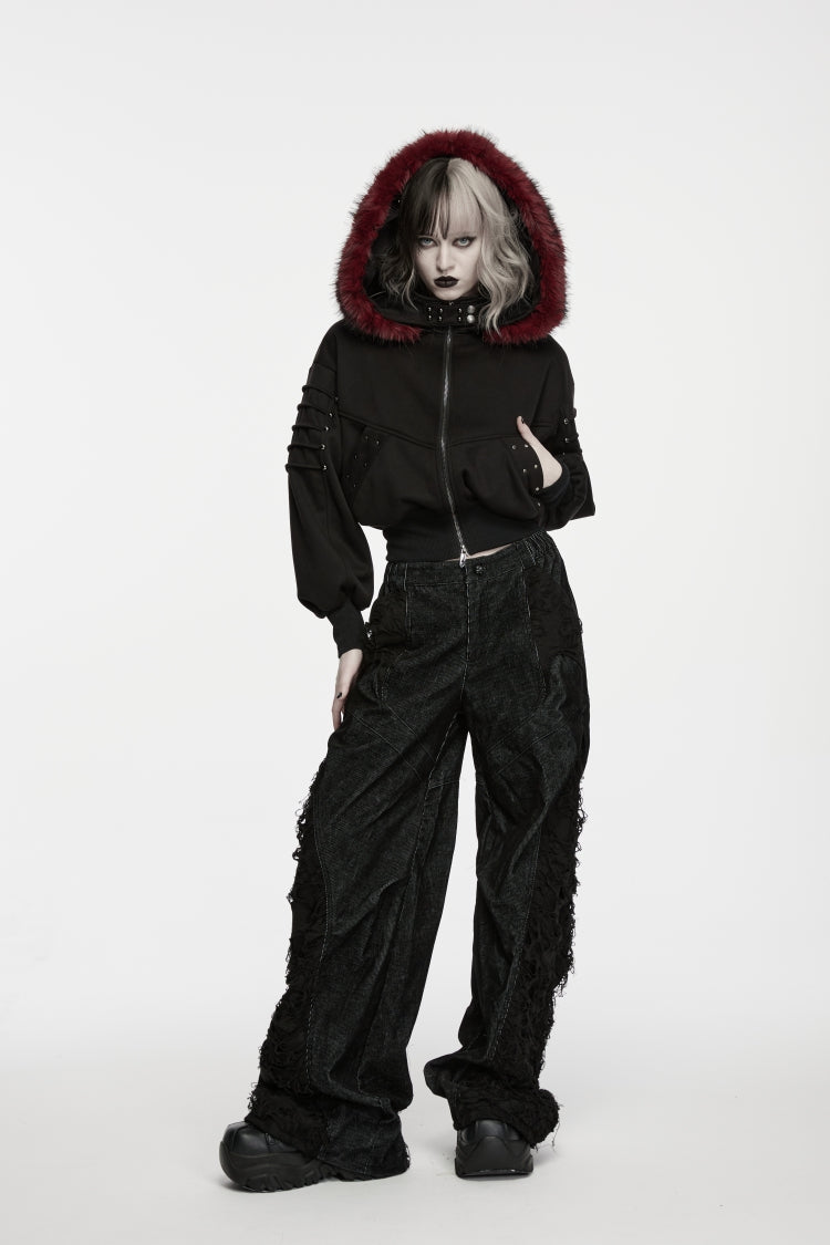 Black Patchwork Ripped Pleated Women's Punk Wide Leg Pants - Product - 9