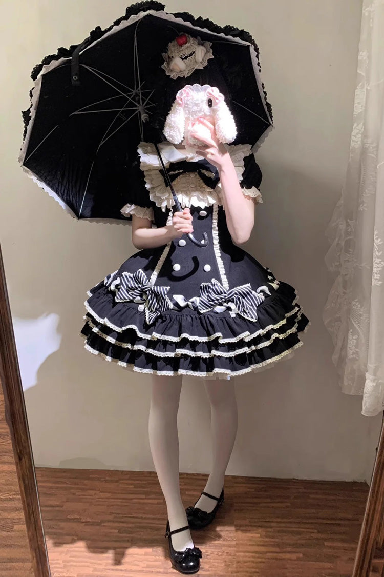 Black [Striped Layered] Short Sleeves Multi-Layered Ruffle Bowknot Sweet Princess Lolita Tiered Dress - Product - 5
