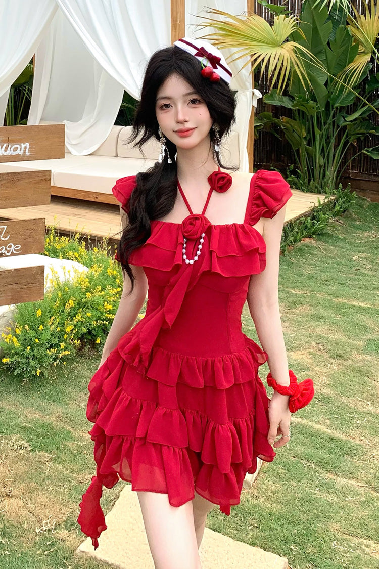 Red [Summer Seaside] Short Sleeves Triple-Layered Ruffle Bowknot Irregular Holiday Style Sweet Lolita Dress - Red - 1