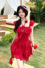 Red [Summer Seaside] Short Sleeves Triple-Layered Ruffle Bowknot Irregular Holiday Style Sweet Lolita Dress - Red - 1