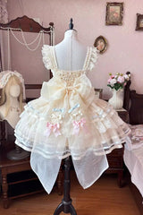 Apricot [Butterfly Heart Ballet] Triple-Layered Ruffle Bowknot Lace Sweet Ballet Lolita Jsk Dress - Product - 2