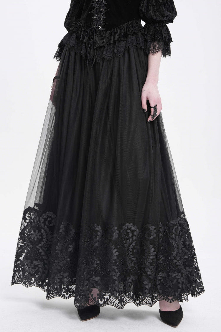 Black Stitching Floral Mesh Women's Gothic Skirt - Black - 1