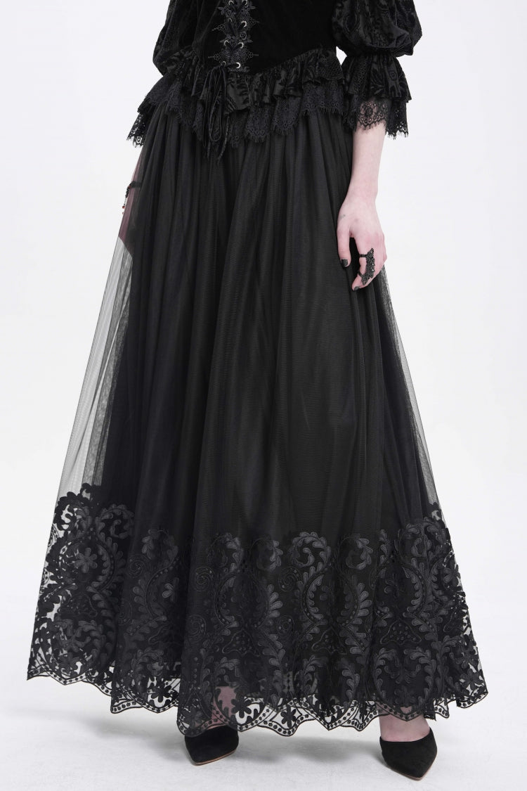 Black Stitching Floral Mesh Women's Gothic Skirt - Black - 1