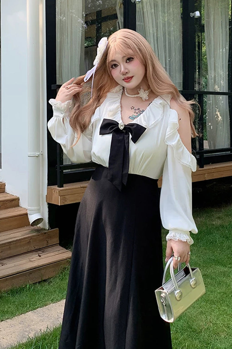 Black/White V Collar Off Shoulder Long Sleeves Ruffled Bow Faux Two-Piece Classic Plus Size Lolita Dress - Black/White - 1