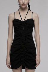 Black Knitted Stretch Hollow-Carved Design Drawstring Bodycon Shoulder Strap Halter Neck Women's Punk Dress - Black - 1