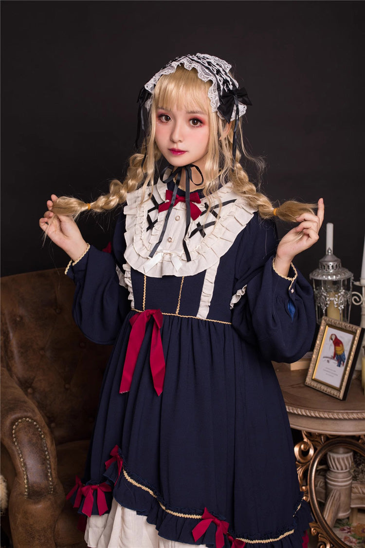 Blue Long Sleeves Ruffle Bowknot Daily Sweet Princess Lolita Dress - Product - 3
