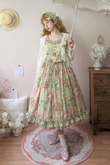 Green [Cat Rose Tea] Sleeveless Print Ruffle Bowknot Sweet Lolita Jsk Dress - Product - 3