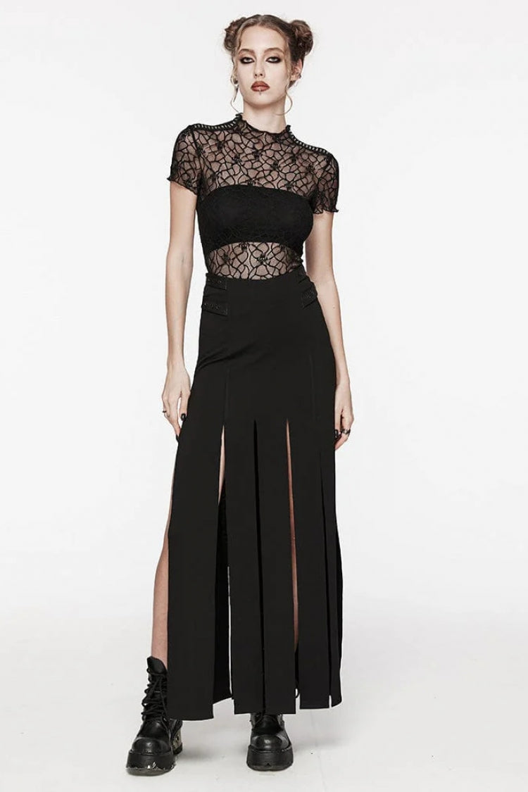 Black Round Collar Short Sleeves Hollow Mesh Women's Gothic Top - Product - 4