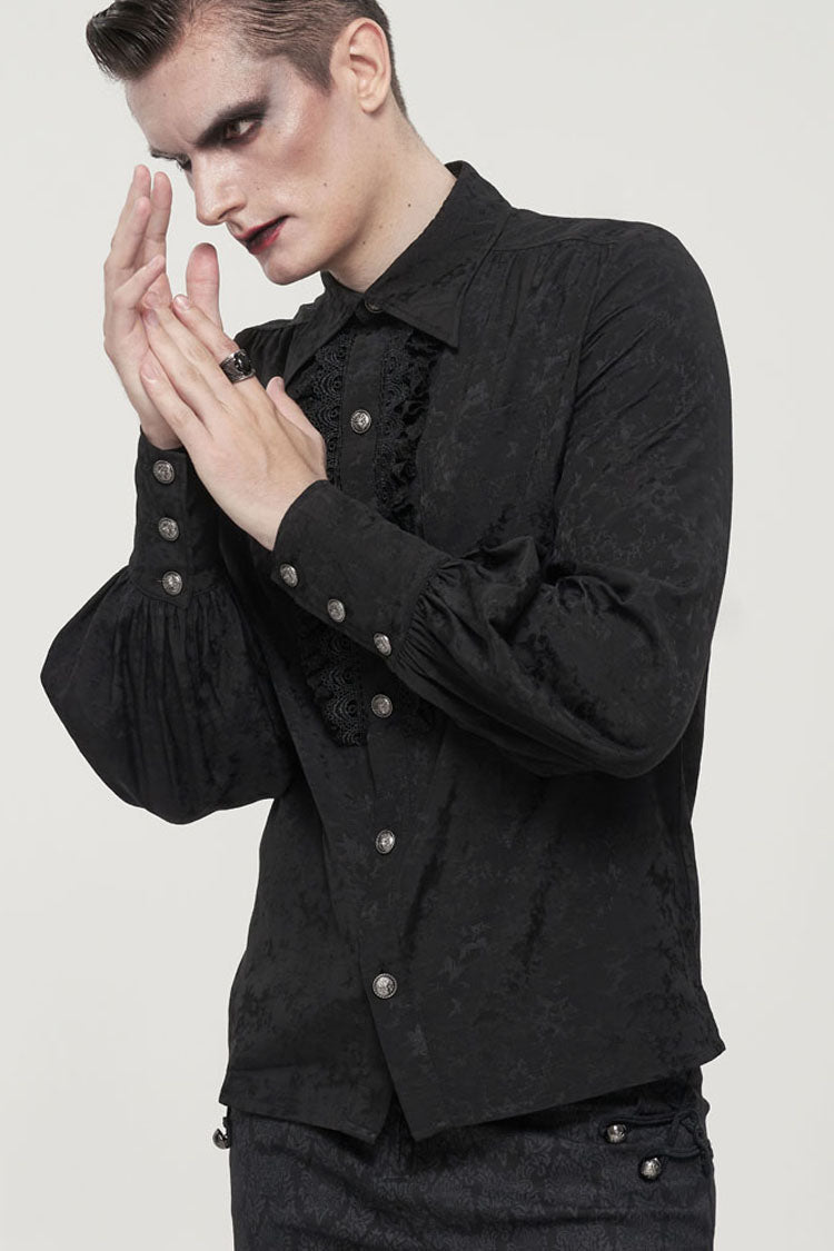 Black Gothic Metal Pattern Buckle Long Sleeve Pleated Lace Lantern Shape Printing Pattern Men's Shirt - Product - 4