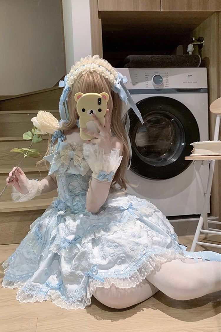 Blue [Floral Overture] Double-Layered Ruffle Embroidery Bowknot Lace Sweet Lolita Jsk Dress - Product - 5