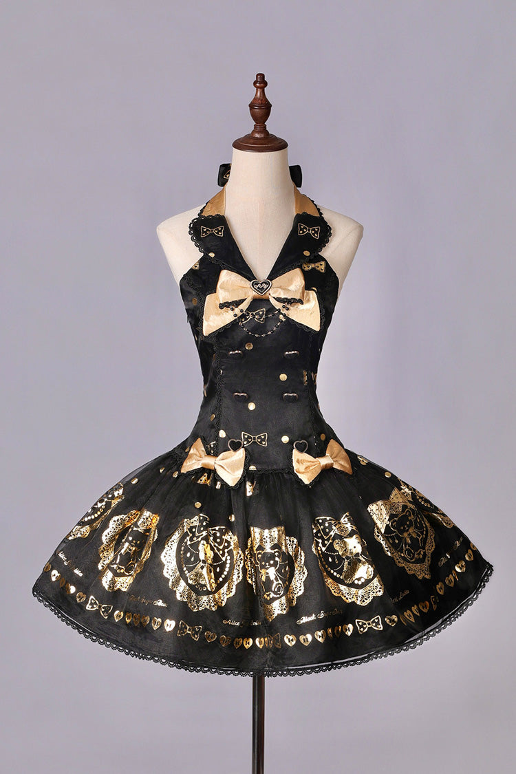 Black/Gold [Sugar Bear] Jacquard Ruffled Bow Lace Sweet Classic Lolita Dress 2 Versions - Product - 12