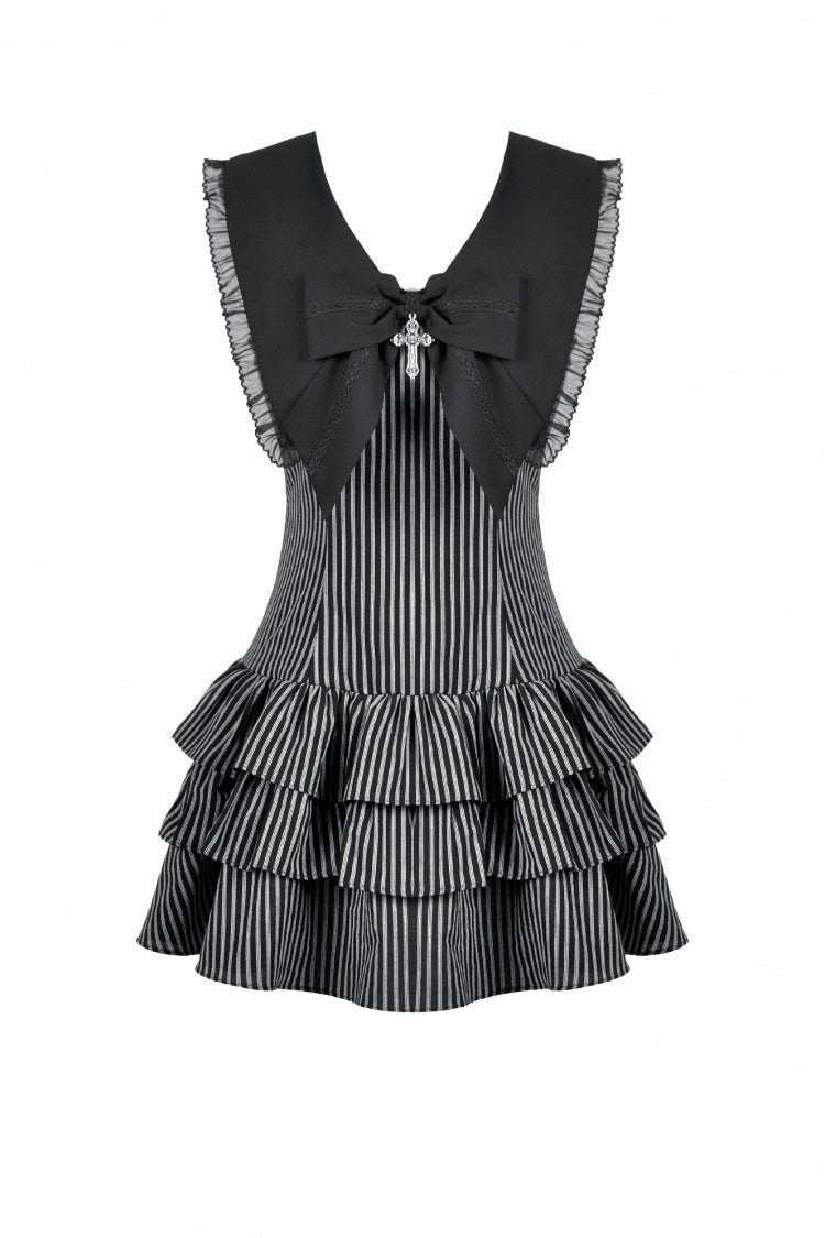 Black/Grey Navy Collar Sleeveless Bow Lace-Up Pinstripe Multi-Layered Ruffled Women's Gothic Dress - Product - 3