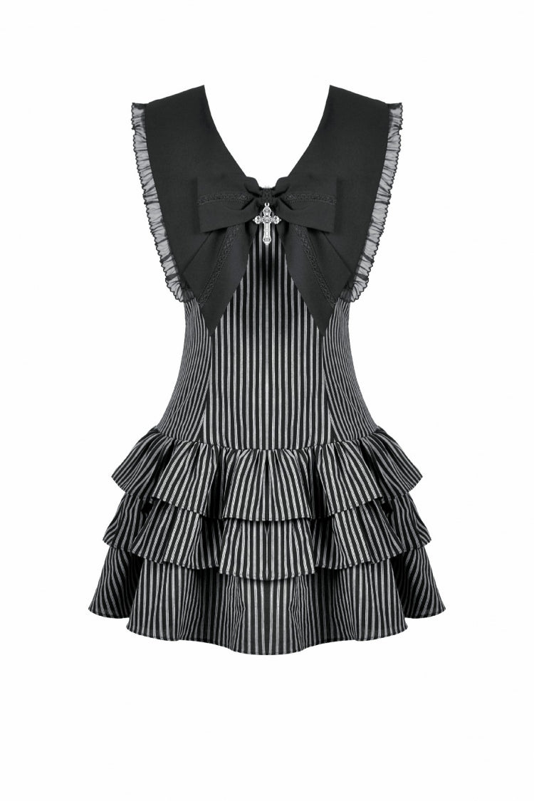 Black/Grey Navy Collar Sleeveless Bow Lace-Up Pinstripe Multi-Layered Ruffled Women's Gothic Dress - Product - 3