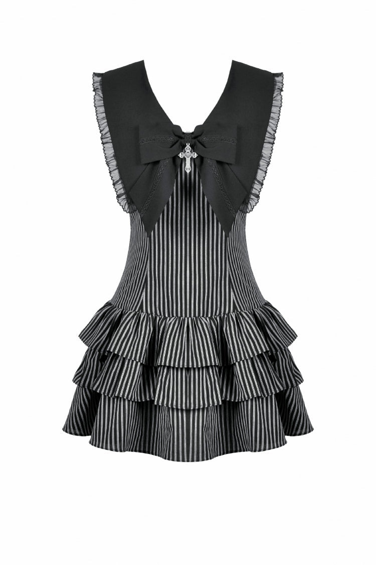 Black/Grey Navy Collar Sleeveless Bow Lace-Up Pinstripe Multi-Layered Ruffled Women's Gothic Dress - Product - 3