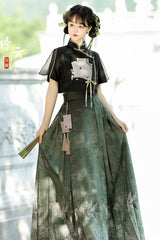 Black/Green [Materia Medica] Stand Collar Short Sleeves High Waisted Printed Women's Classic Hanfu Dress Set - Product - 3