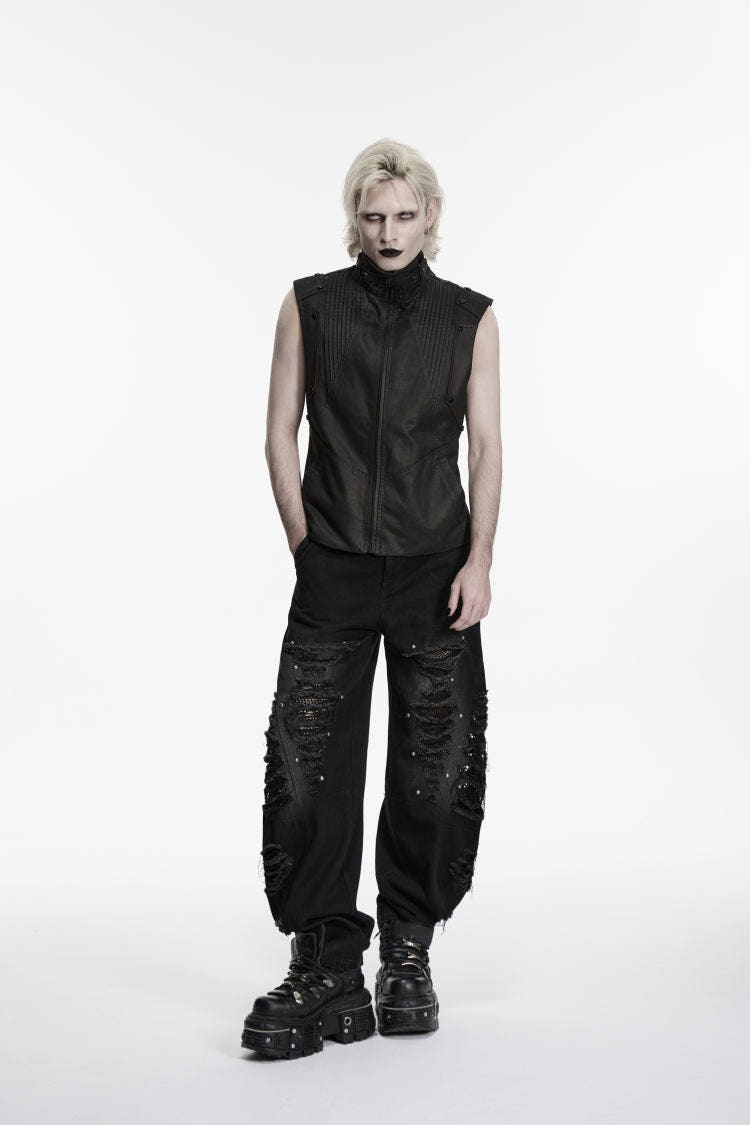 Black Irregular Mesh Ripped Studded Zippered Eyelet Men's Punk Handsome Cool Pants - Black - 1