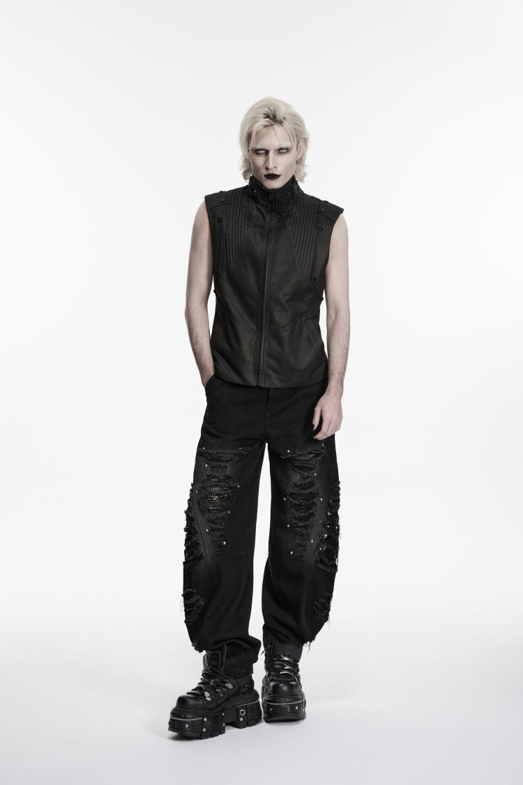 Black Irregular Mesh Ripped Studded Zippered Eyelet Men's Punk Handsome Cool Pants - Black - 1