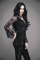 Black Front Chest Rose Decoration Flare Sleeve Irregular Lace Hem Knit Women's Gothic T-Shirt - Product - 2