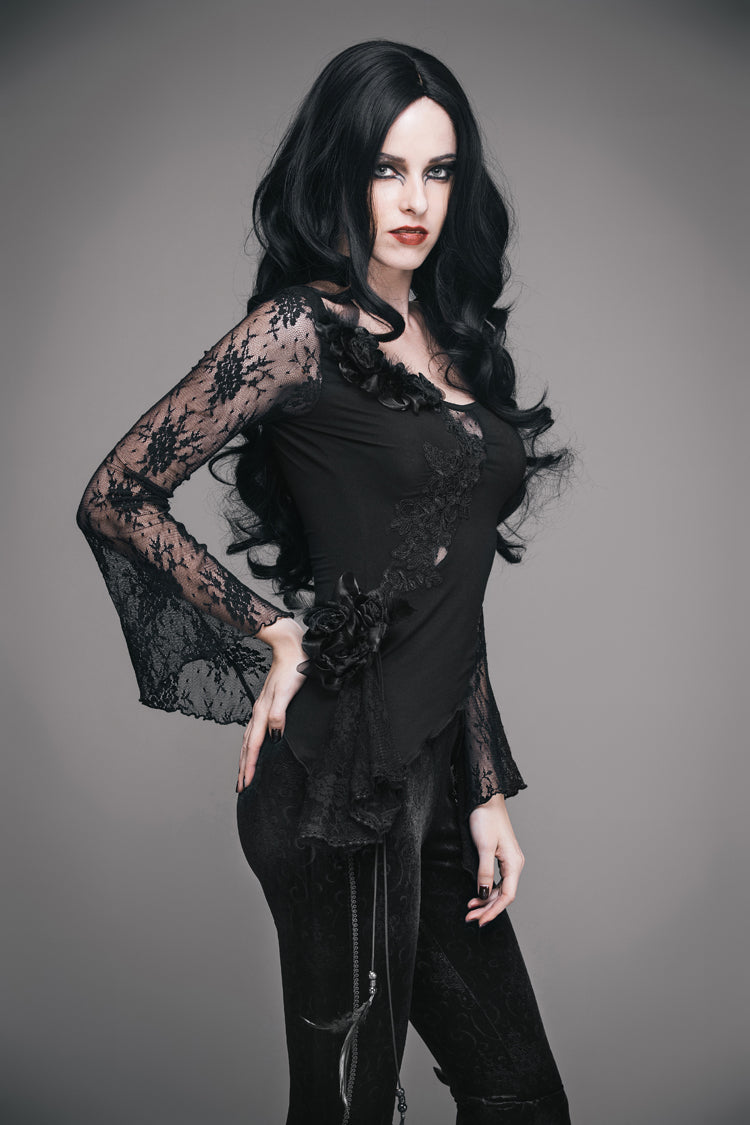 Black Front Chest Rose Decoration Flare Sleeve Irregular Lace Hem Knit Women's Gothic T-Shirt - Product - 2