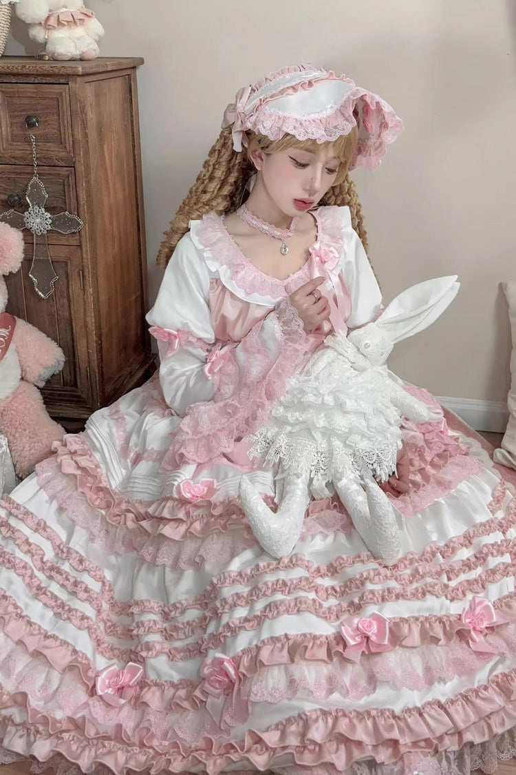White/Pink [Layered Peach Ice] Short Sleeves Ruffle Bowknot Lace Sweet Lolita Dress - Product - 4