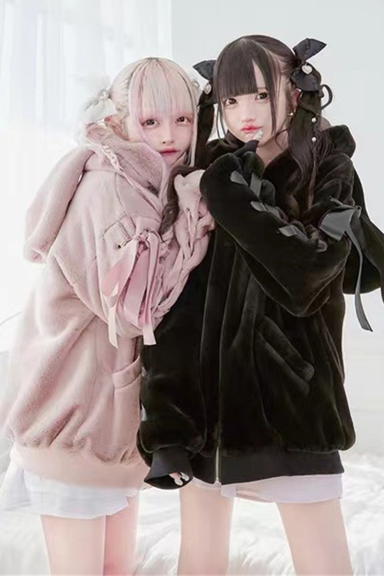 Pink Rabbit Ears Long Sleeves Bowknot Lace-Up Hooded Jirai Kei Coat - Product - 6