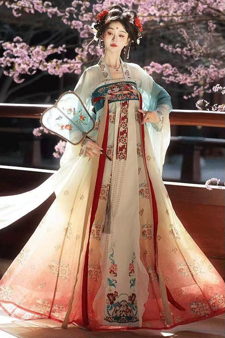 Blue/Pink High Waisted Print Embroidery Women's Classic Hanfu Dress Full Set - Product - 2