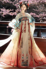 Blue/Pink High Waisted Print Embroidery Women's Classic Hanfu Dress Full Set - Product - 2