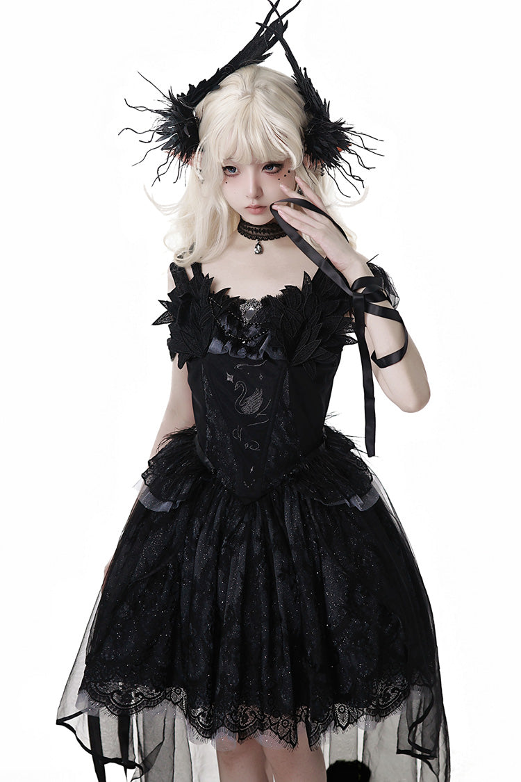 Black [Black Swan's Prayer] Sleeveless Ruffle Bowknot Gothic Ballet Lolita Jsk Dress - Product - 9