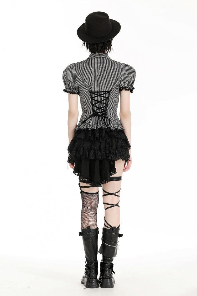 Black/Grey Short Puff Sleeves Lace-Up Striped Double-Breasted Women's Gothic College Style Blouse - Product - 4