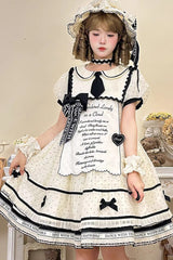 Beige [William Wordsworth’s Lyric Poetry] Doll Collar Polka Dots Printed Lace Sweet Princess Lolita Dress - Beige - 1
