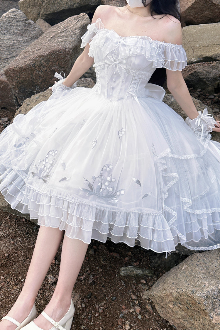 White [Love Is Coming] Multi-layer Ruffle Embroidery Bowknot Sweet Princess Lolita Jsk Dress - Product - 6