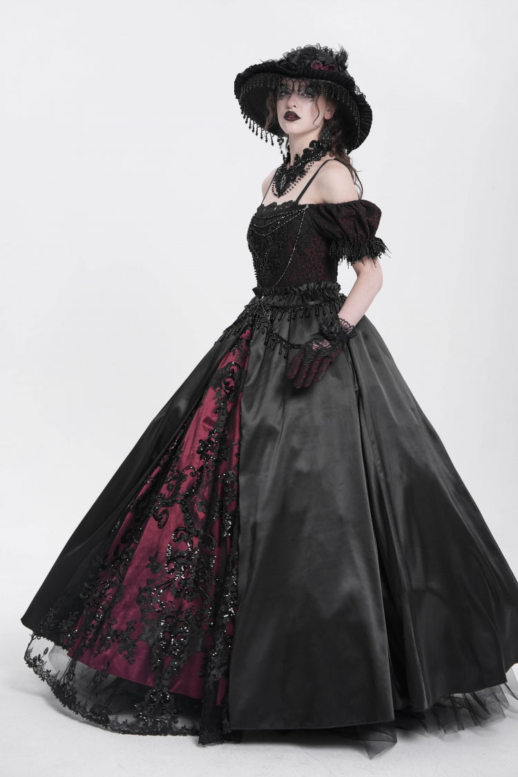 Black/Red Off Shoulder Embroidery Stitching Lace Women's Gothic Dress - Product - 3