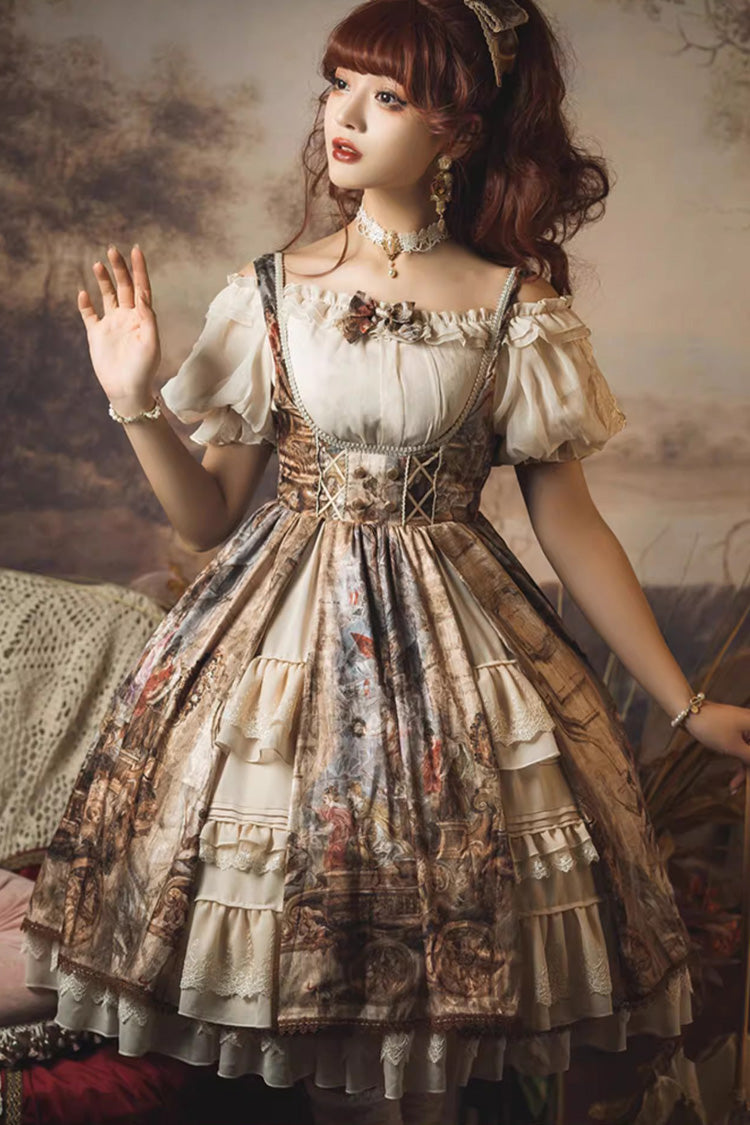 Brown [Cloria] Oil Painting Print Bowknot Lace Sweet Elegant Palace Lolita Jsk Dress - Product - 7