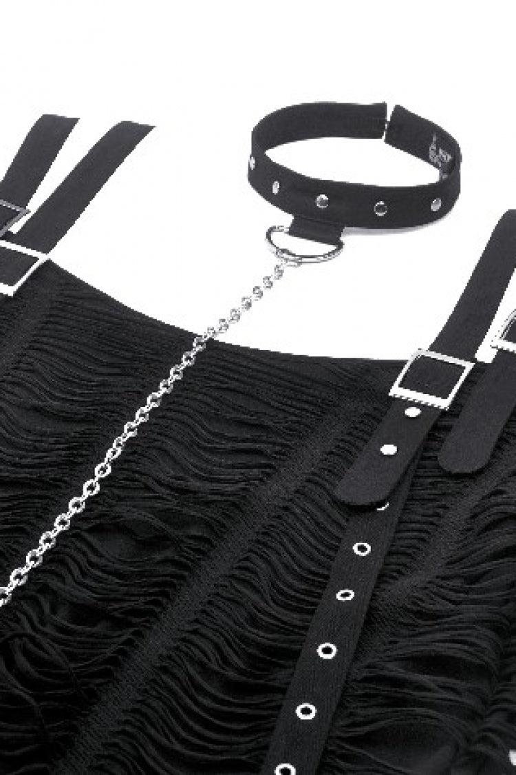 Black Off Shoulder Short Sleeves Ripped Buckled Women's Gothic T-Shirt with Detachable Choker - Product - 14