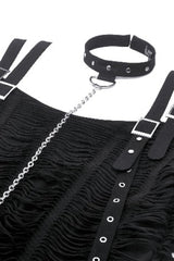 Black Off Shoulder Short Sleeves Ripped Buckled Women's Gothic T-Shirt with Detachable Choker - Product - 14