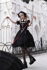 Black Rose Embroidered Cutout Top Irregular Short Sleeves Gothic Lolita Dress Set - Product - 5