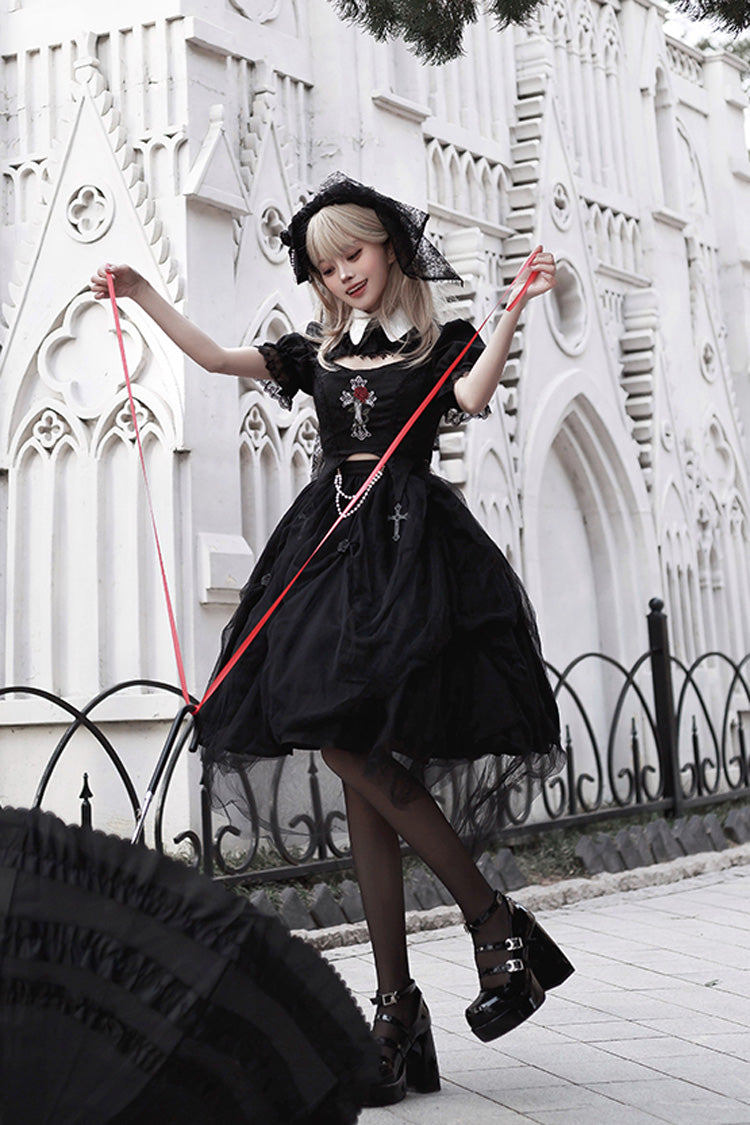 Black Rose Embroidered Cutout Top Irregular Short Sleeves Gothic Lolita Dress Set - Product - 5