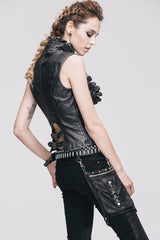Black/Silver Big Opening Chest Wave Collar Hand Rubbed Leather Women's Punk Vest - Product - 6