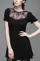 Black Patterned Lace Neck Short Sleeves Womens Mid-Length Gothic T-Shirt - Black - 1
