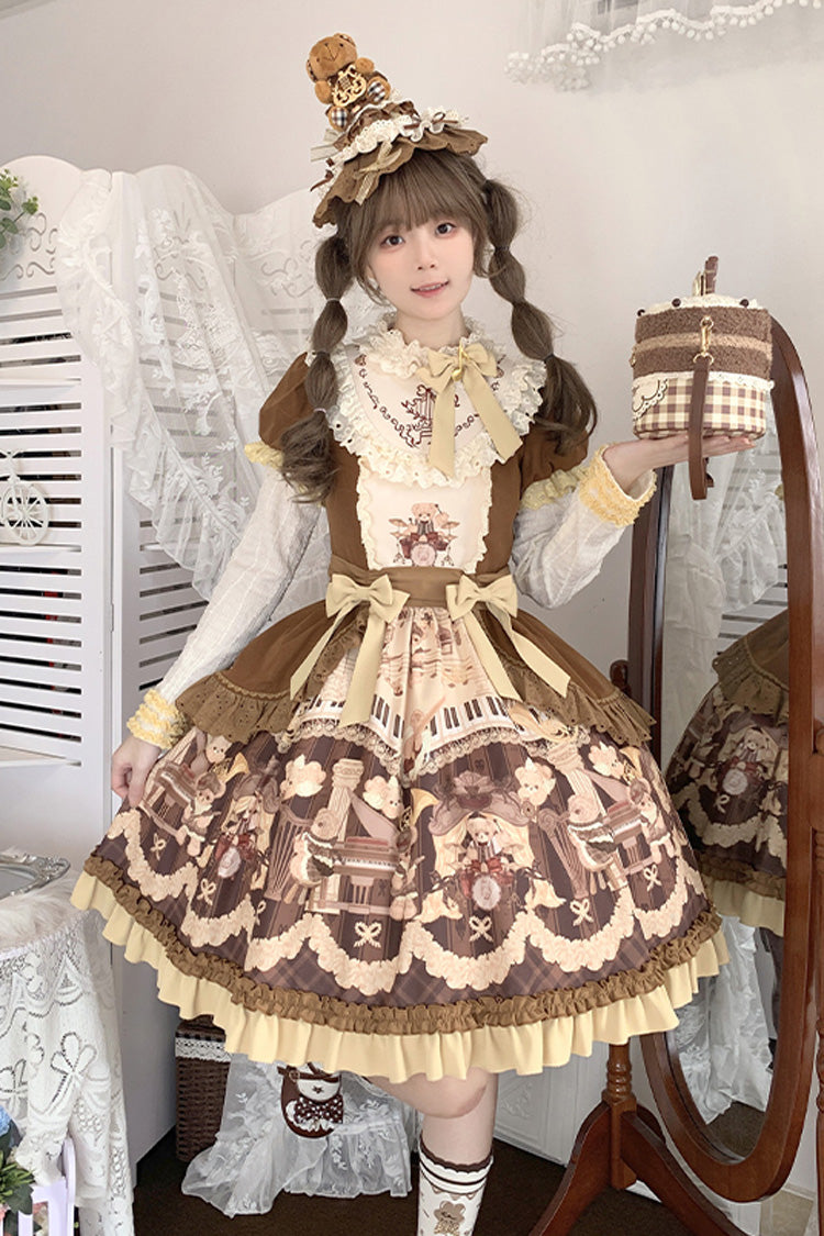 Brown [Little Bear Concerto] Print Ruffle Bowknot Sweet Princess Lolita Dress - Brown - 1